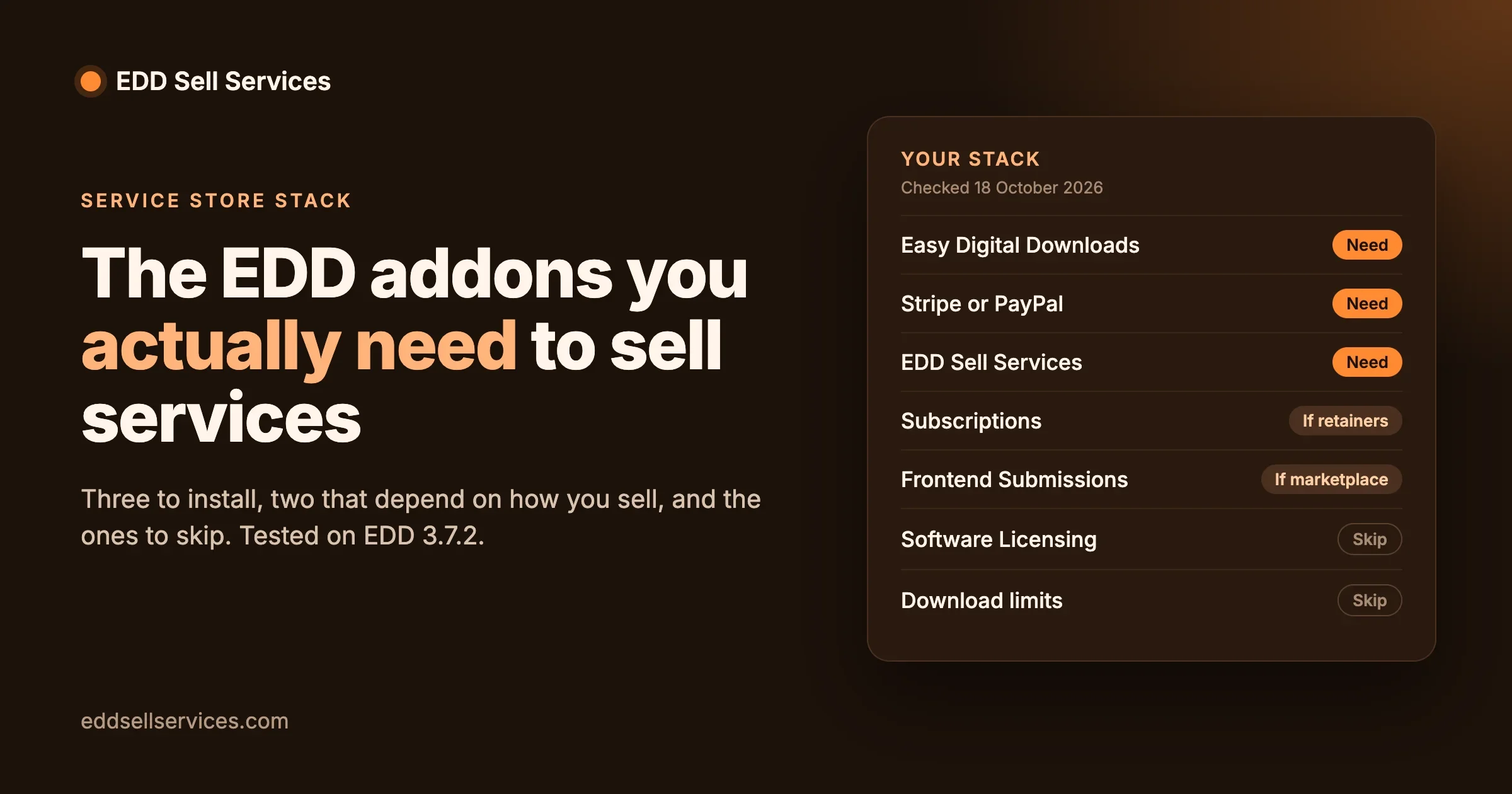 Service store stack for Easy Digital Downloads: EDD, Stripe or PayPal and EDD Sell Services needed, subscriptions and Frontend Submissions optional, software licensing and download limits skipped