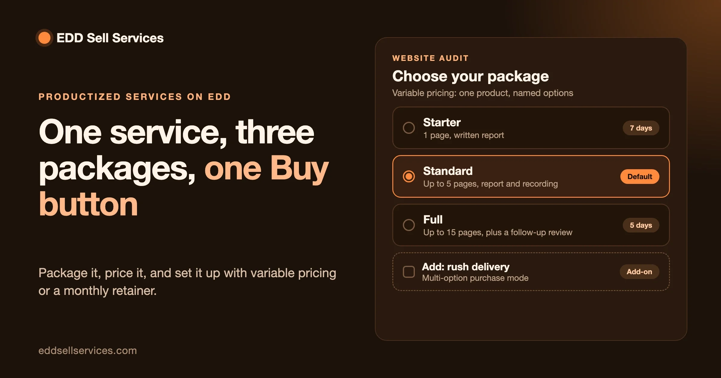 Productized services on Easy Digital Downloads: a website audit with Starter, Standard and Full package options and a rush delivery add-on