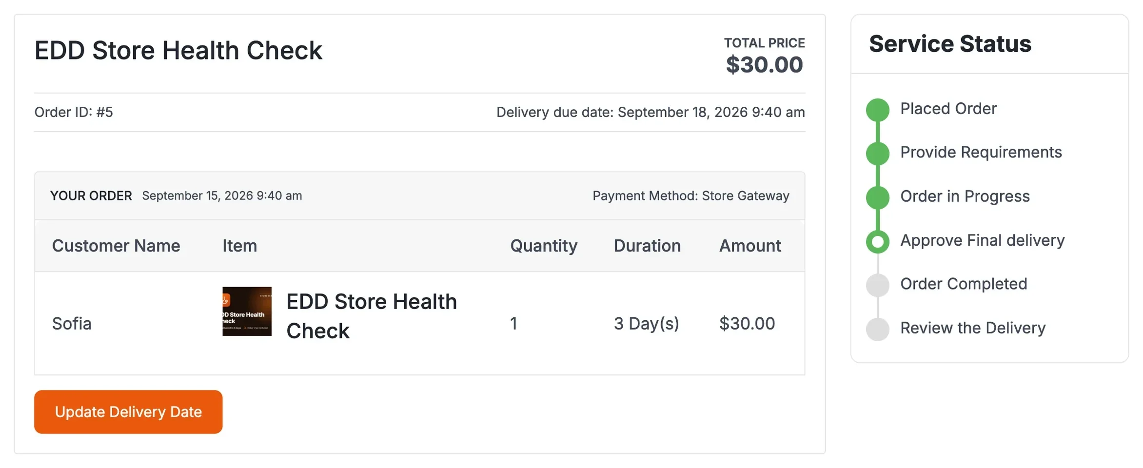 EDD Sell Services order page on a demo store with a Service Status tracker: placed order, provide requirements, order in progress, approve final delivery, order completed, review the delivery