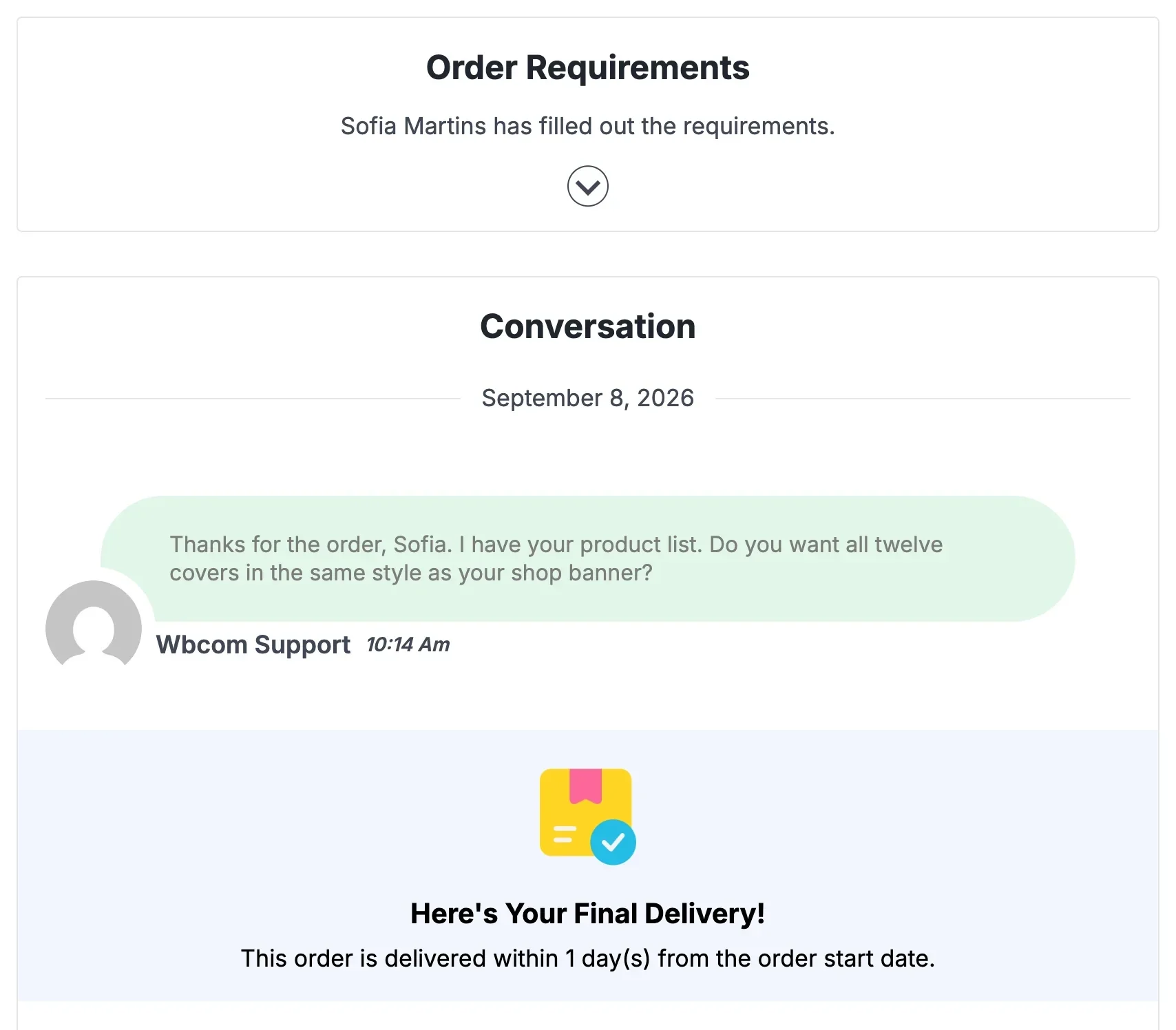 EDD Sell Services order screen on a demo store showing completed order requirements, the order conversation between vendor and customer, and a final delivery notice