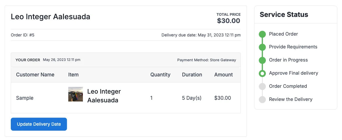 A service order in EDD Sell Services with the price, delivery due date and a six-step service status tracker