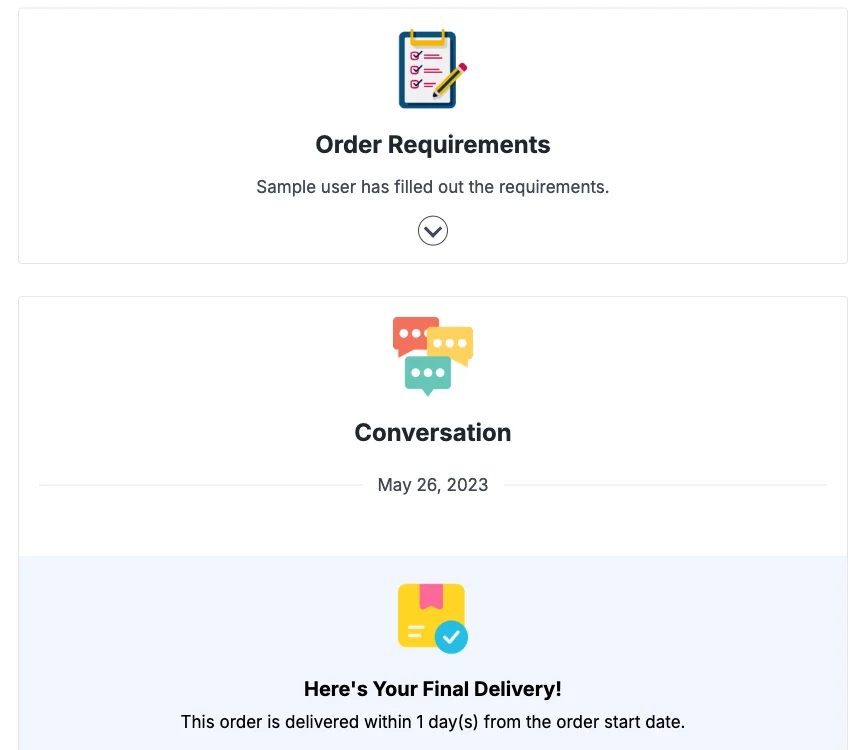 An EDD Sell Services order page showing the answered requirements, the conversation and the final delivery