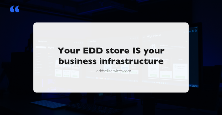 Professional workspace showing digital product marketplace dashboard for selling WordPress plugins and themes with Easy Digital Downloads