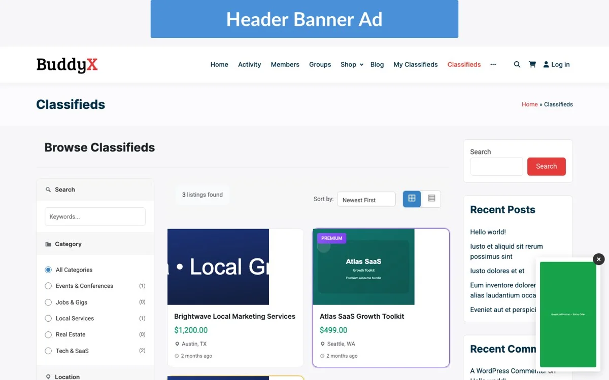 WB Ad Manager Pro classifieds and ad packages interface showing tiered advertising options for EDD sites