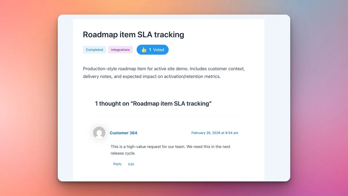 Single roadmap item page showing feature details, votes, and status