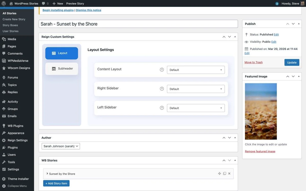 WordPress admin story editor with metabox for creating product stories