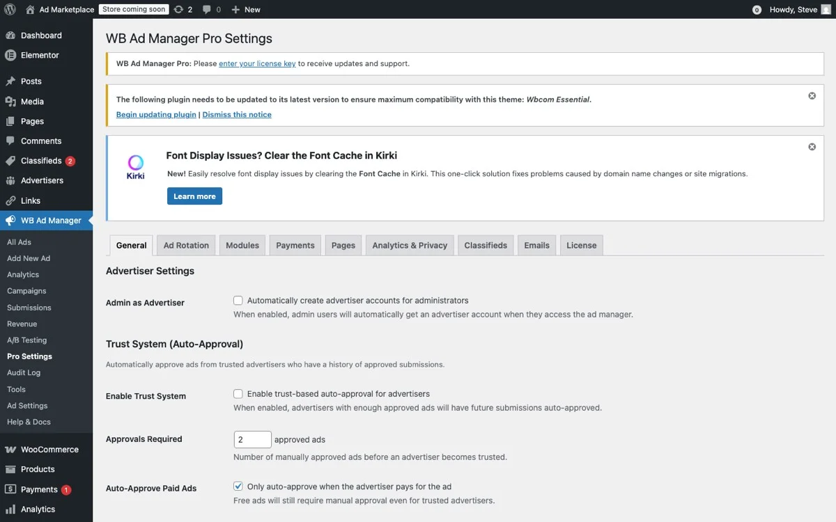 Pro settings with modules payments and classifieds tabs