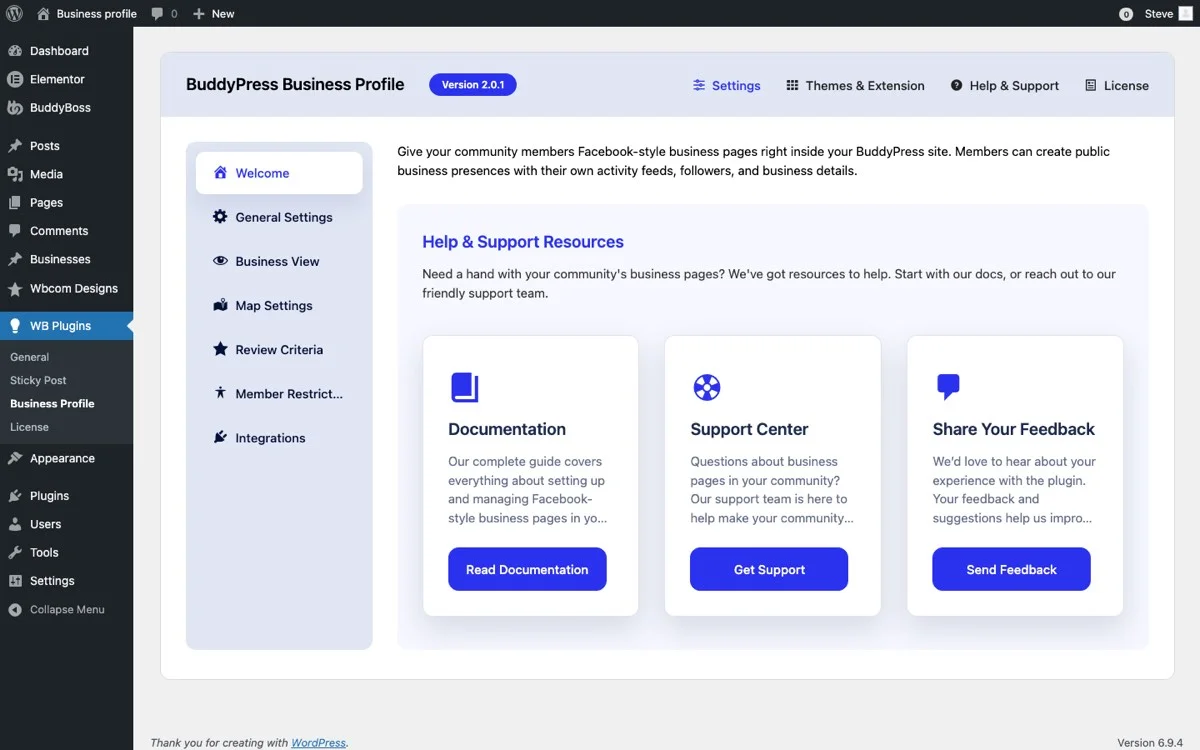 BuddyPress Business Profile settings for configuring membership community profiles