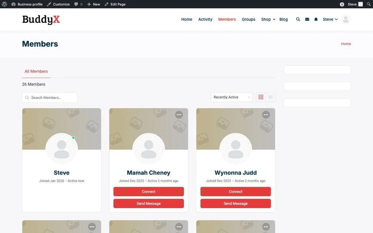 Front-end business directory showing member profiles with professional business information