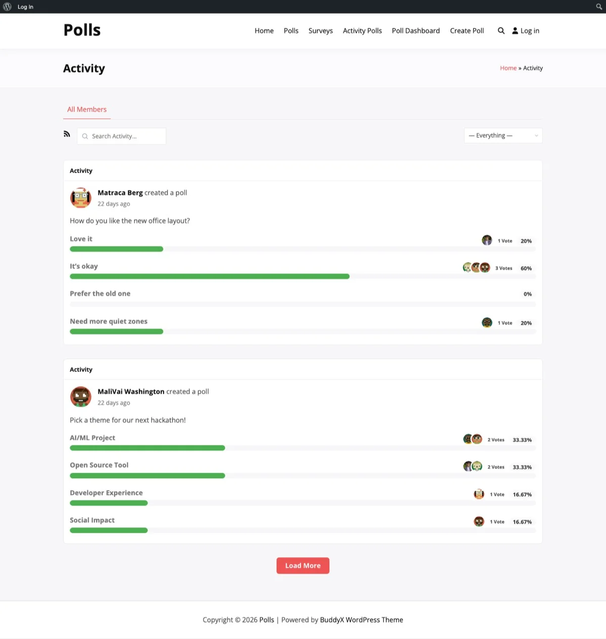 WB Polls plugin showing polls in the BuddyPress activity feed