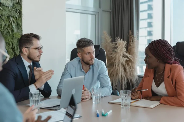 Team of professionals collaborating in a modern office meeting
