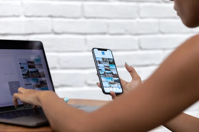 Woman working remotely on social media content representing social announcement wall strategy for digital stores
