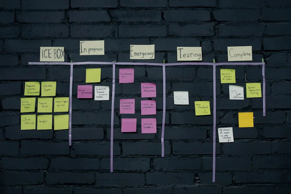 Top-down view of a Kanban board with colorful sticky notes for product roadmap planning