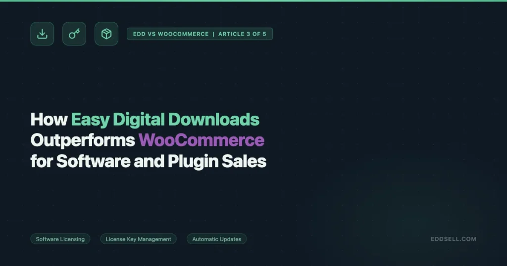 Easy Digital Downloads vs WooCommerce for software and plugin sales showing download, key, and package icons on dark background