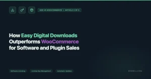 Easy Digital Downloads vs WooCommerce for software and plugin sales showing download, key, and package icons on dark background