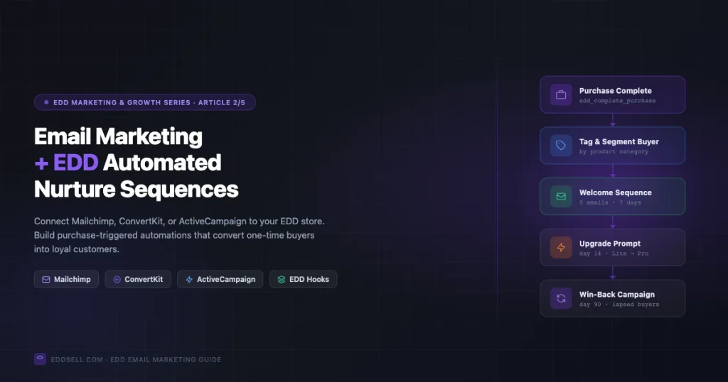 EDD email marketing integration automation flow showing purchase triggers, buyer segmentation, welcome sequences, and win-back campaigns