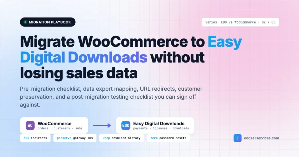 Featured image showing migration flow from WooCommerce to Easy Digital Downloads with 301 redirects, gateway IDs, download history, and zero password resets highlighted