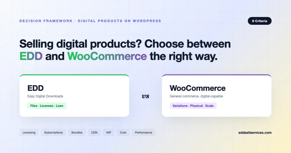 Side-by-side comparison card showing Easy Digital Downloads versus WooCommerce decision framework with eight criteria for selling digital products on WordPress