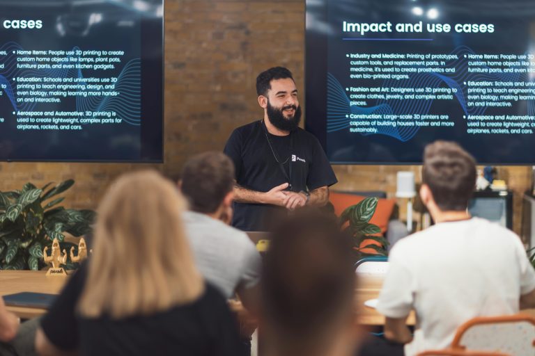 Course creator delivering a presentation to an audience using AI-generated slides