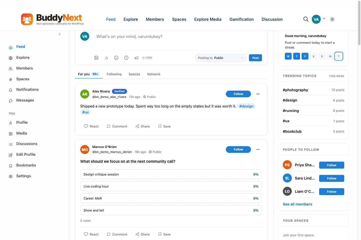 BuddyNext activity feed showing posts and reactions used as a course community layer