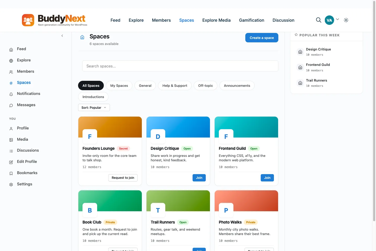 BuddyNext Spaces interface showing open, private, and secret community spaces for a course cohort