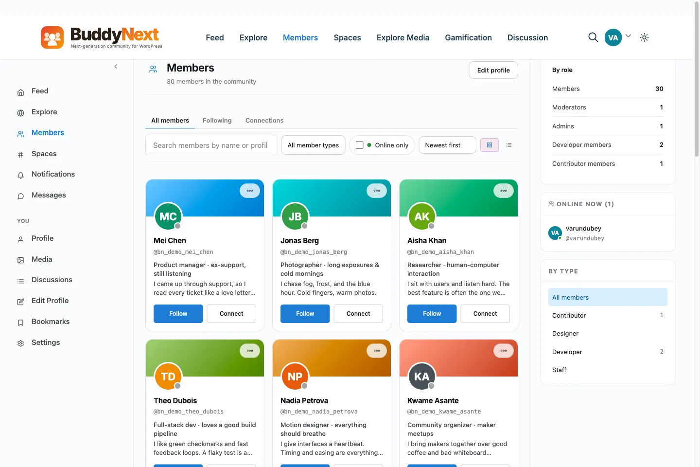 BuddyNext member directory showing customer profiles in a members-only digital product community