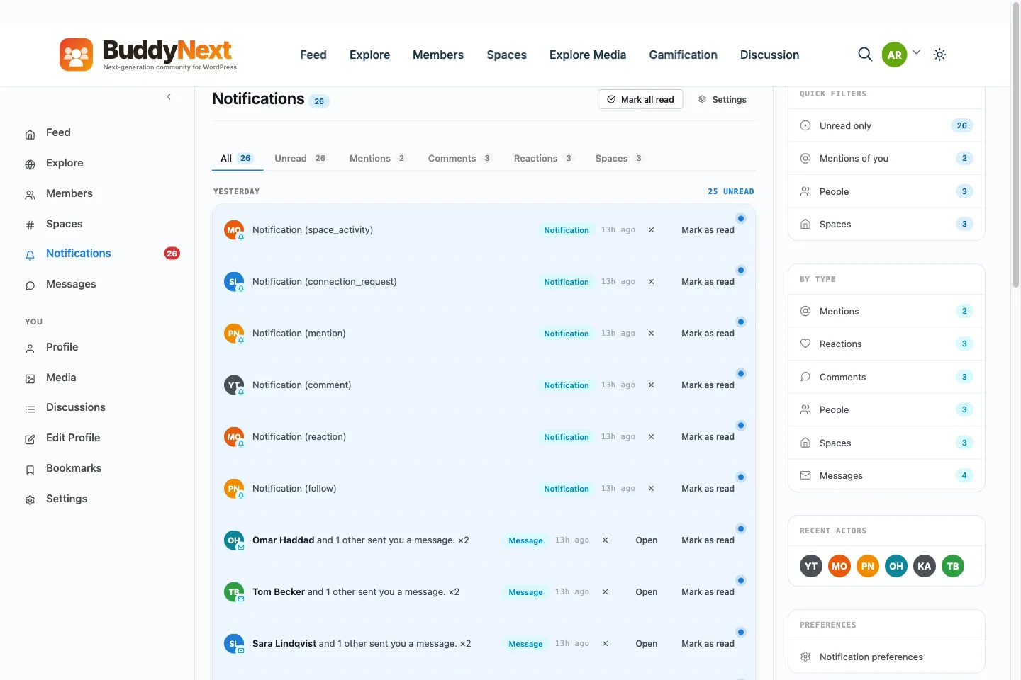 BuddyNext notification system showing alerts when peers reply to student questions in a course community