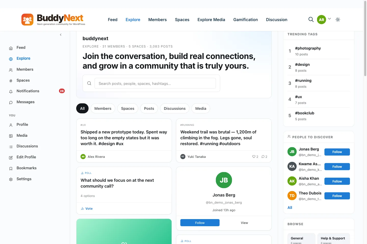 BuddyNext explore feed showing searchable community activity across multiple course cohorts