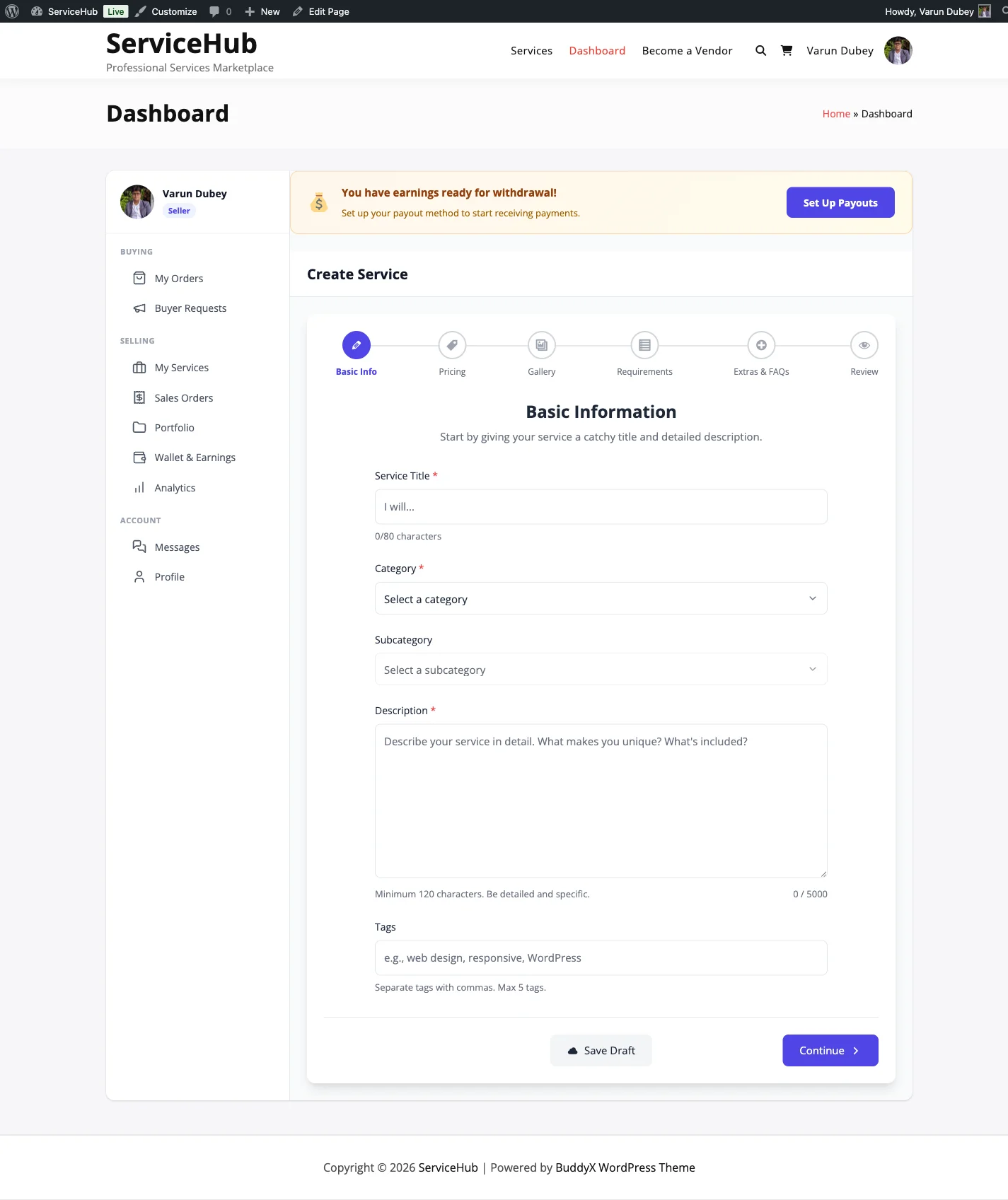 WP Sell Services multi-step service creation wizard with three-tier pricing setup