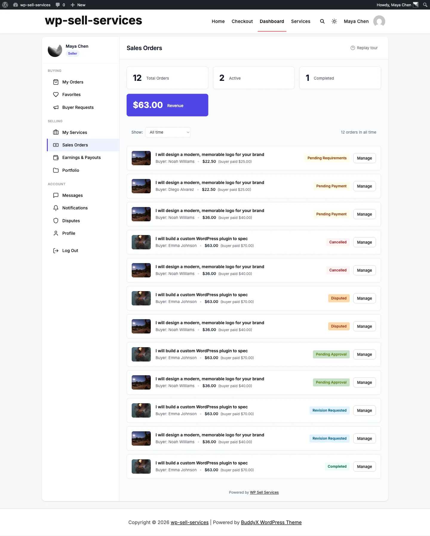 WP Sell Services vendor dashboard overview showing orders, services, and earnings after freelance service setup