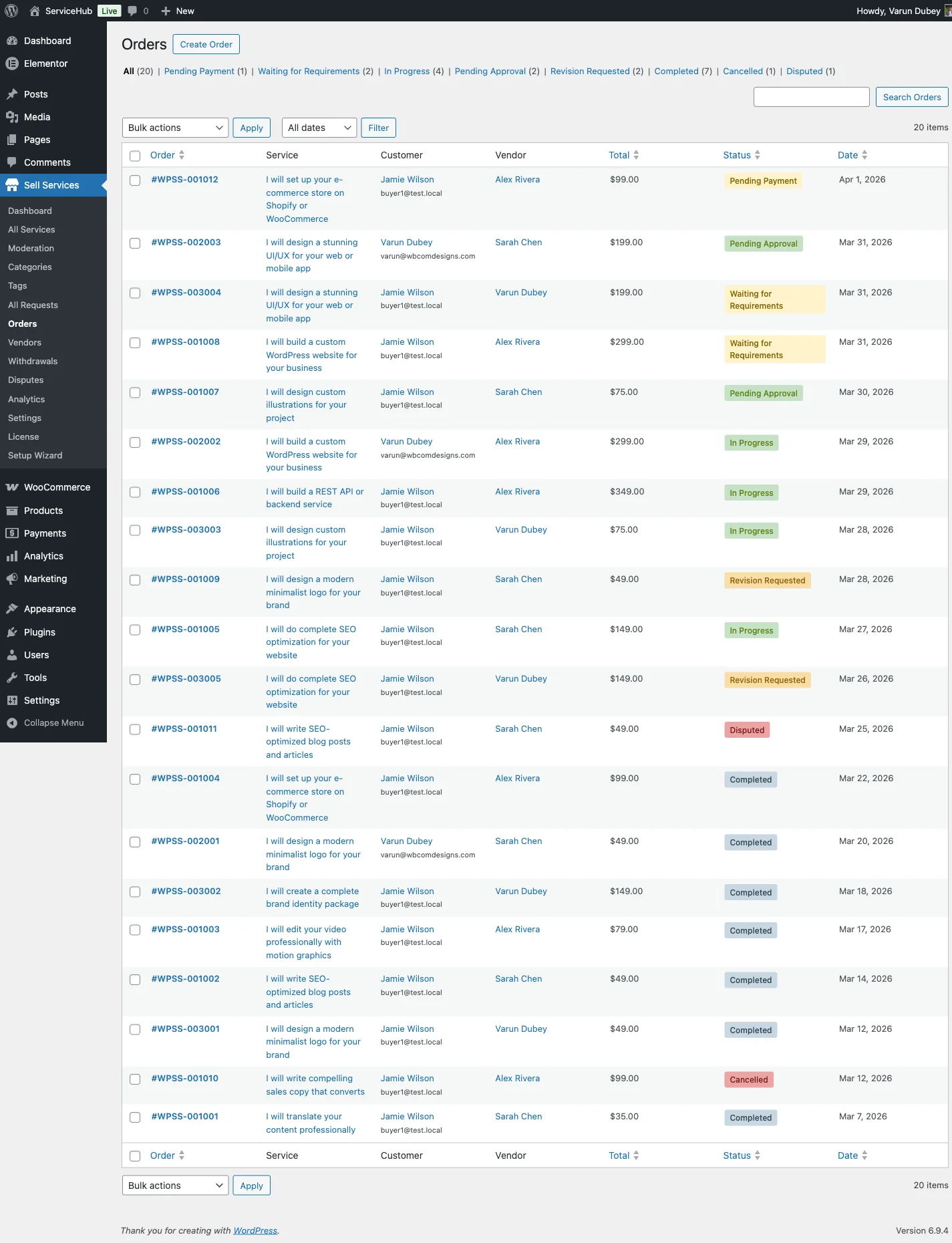 WP Sell Services admin order list showing freelance add-on service orders across lifecycle statuses