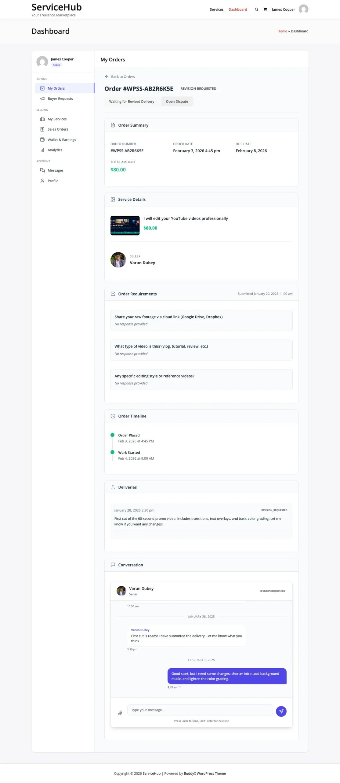 WP Sell Services frontend order messaging thread with file attachments compared to a contact form inquiry