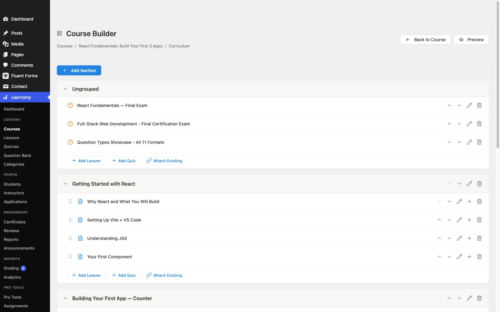 Learnomy drag-and-drop course builder interface in WordPress