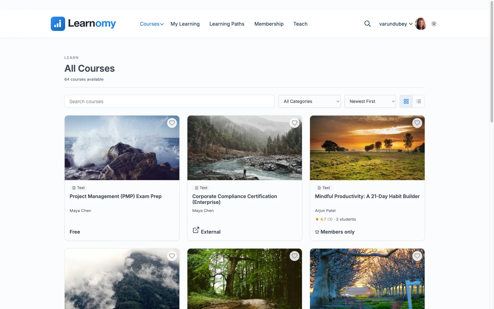 Learnomy public course catalog page