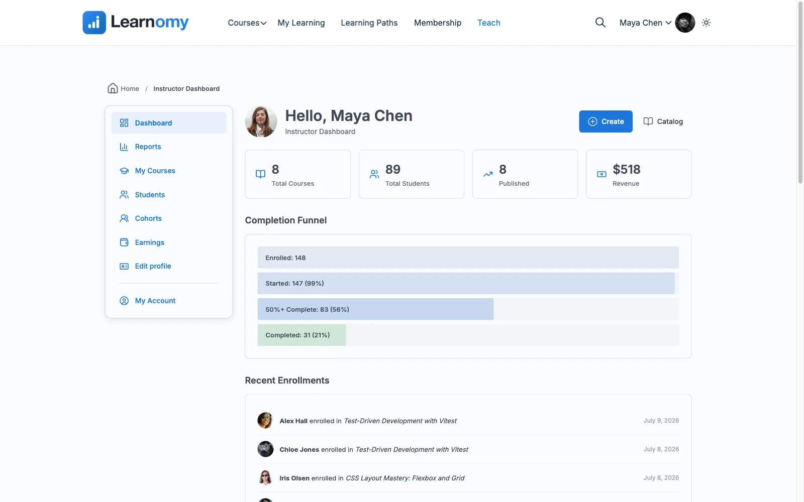 Learnomy instructor dashboard showing enrolled students and course stats