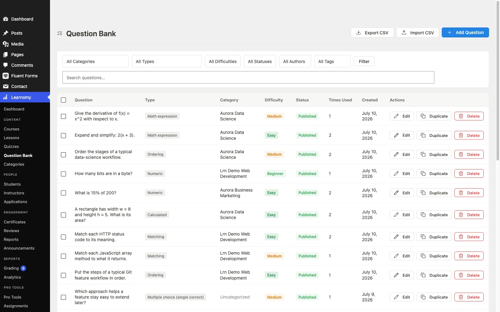 Learnomy quiz question bank with multiple question types