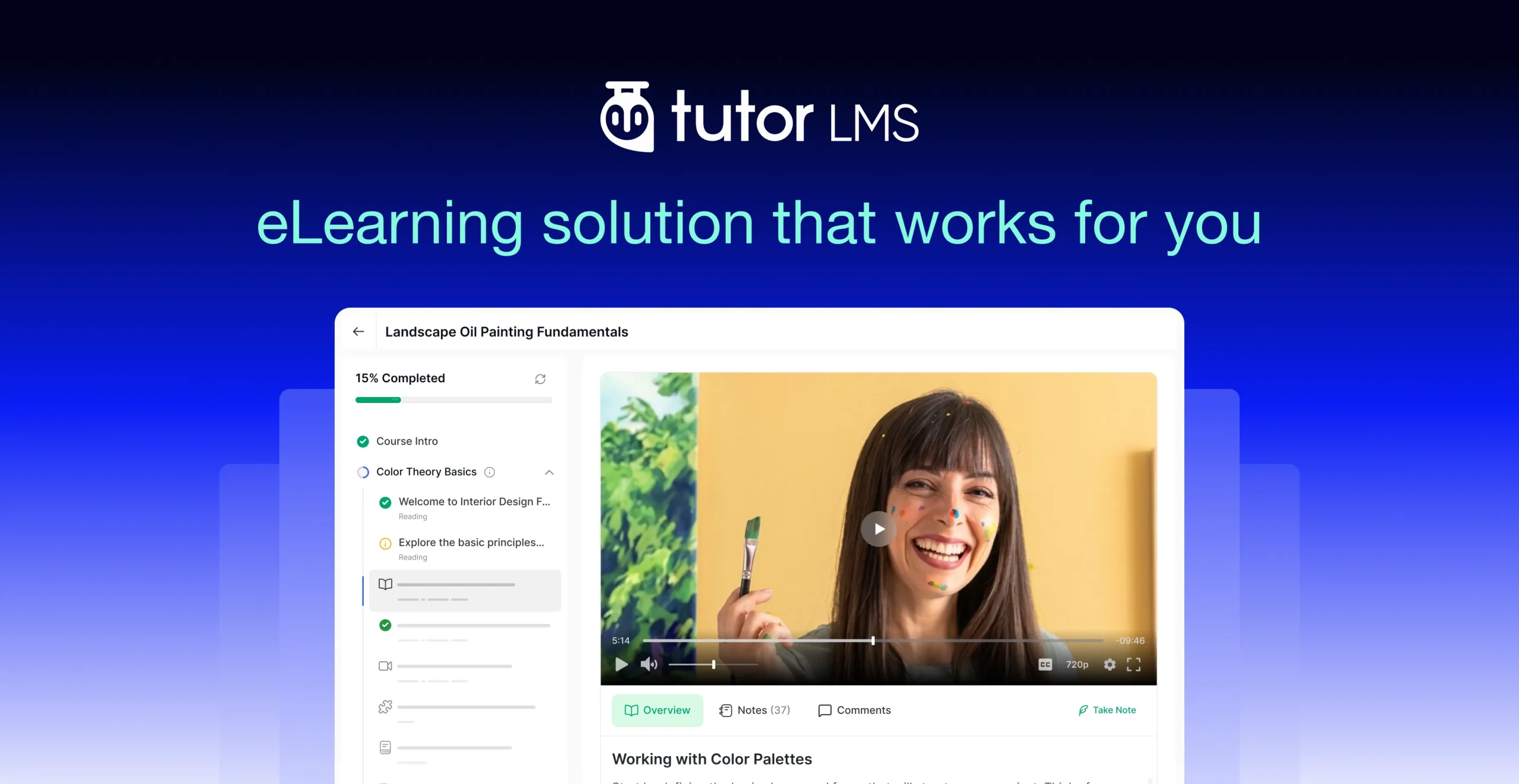 Tutor LMS student course player with lesson sidebar and notes